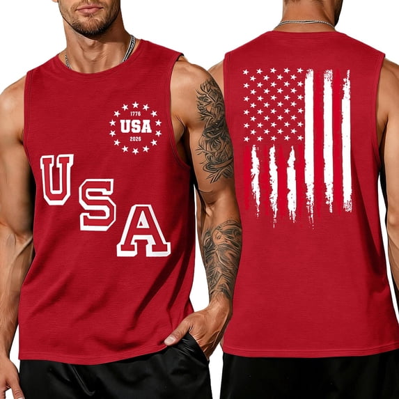 LNZGNM Mens 250 Anniversary USA Tank Tops Plus Size American Flag Sleeveless Shirts Muscle Graphic Tank Tops Casual Memorial Day Tee Tops,Red 5XL