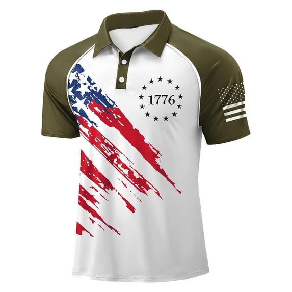 LNZGNM Mens 4th of July Polo Shirts American Flag 1776 Short Sleeve Golf Shirt Stylish Star Stripes Patriotic Lapel Golf Polos Summer Pullover,Army Green 3XL