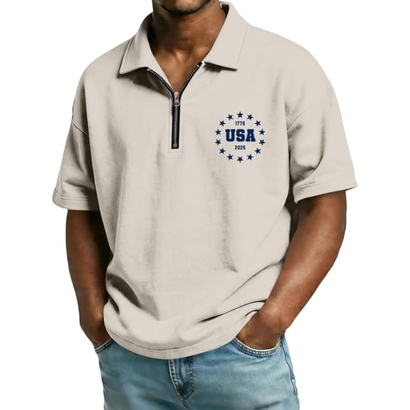 LNZGNM Mens 4th of July Polo Shirt USA 250th Anniversary Quarter Zip Pullover Casual Short Sleeve 1776-2026 Golf Polos Summer Top,Beige M