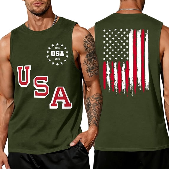 LNZGNM Mens 4th of July Tank Tops Plus Size American Flag Sleeveless Shirt Casual Muscle Graphic Tank Tops Vacation Tee Shirts,Army Green 3XL