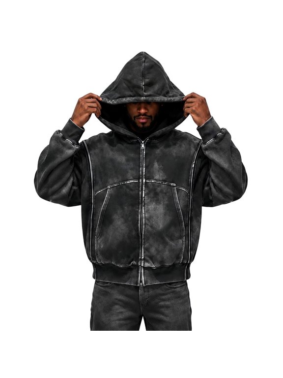 Mens Acid Wash Hooded Zip Coat 2 in 1 Design Drop Shoulder Seams Ribbed Hem Trim Durable Stitching Piece, (XL)