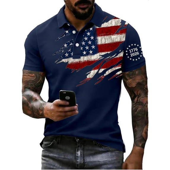 LNZGNM Mens American Flag Polo Shirts USA 250th Anniversary Short Sleeve Golf Shirts Button Star Stripes Graphic Golf Polos Stylish Summer Tops,Navy 2XL