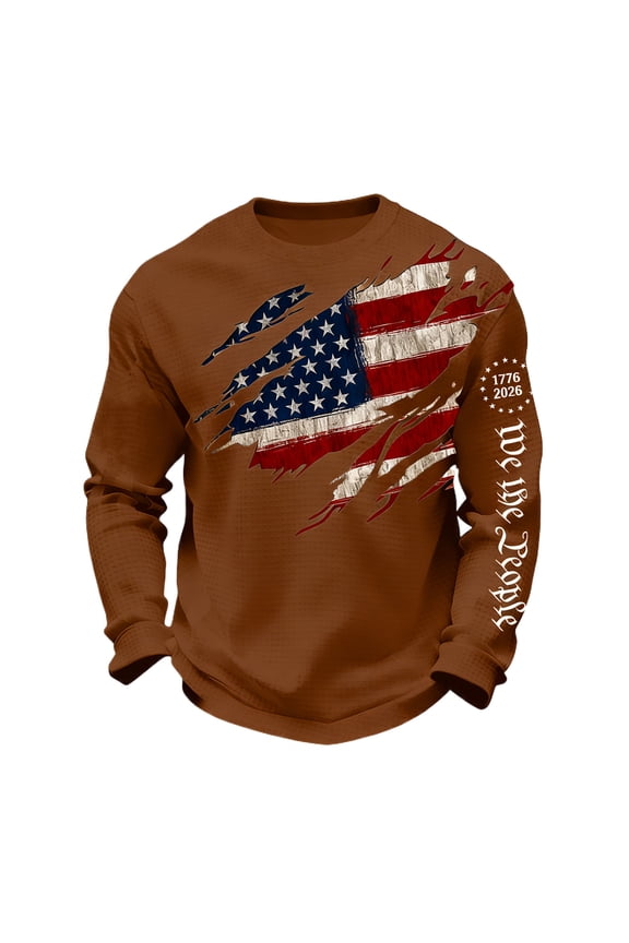 Mens American Flag Sweatshirts USA 250th Anniversary Long Sleeve Plus Size T-Shirts Crewneck Patriotic Pullover Casual Outdoor Pullover Tops,Coffee XL