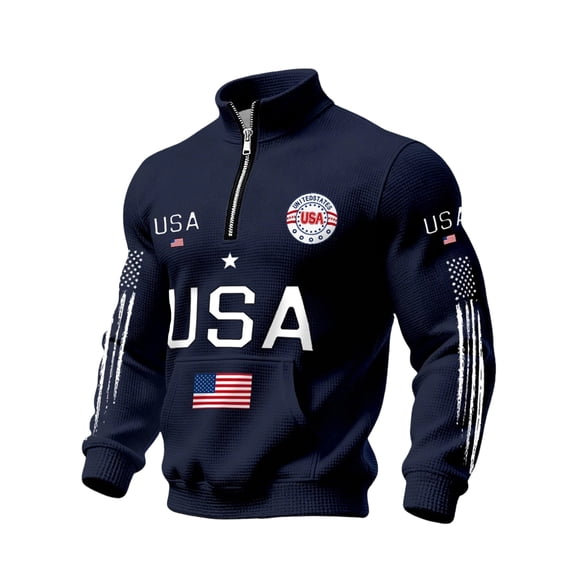 LNZGNM Mens American Flag Waffle Sweatshirts 250th Anniversary 1/4 Zip Up Pullover 1776-2026 Patriotic Sweatshirt Stylish Outdoor Pullover Top,Navy M