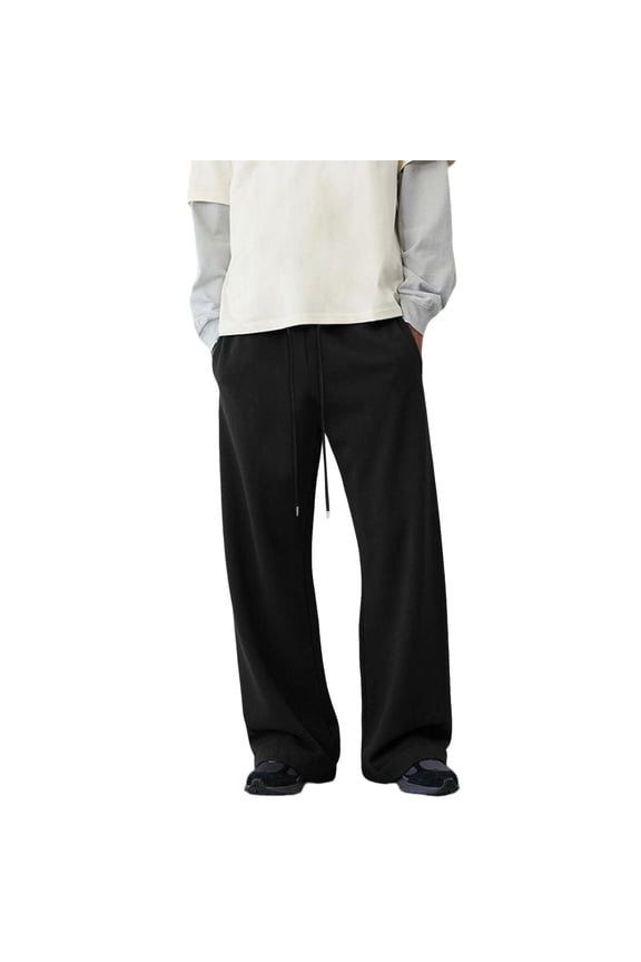 Mens Baggy Sweatpants Open Bottom Wide Leg Mens Cargo Sweatpant Elastic Waist Winter Cotton Sweat Pants Casual Athletic Hiking Gym Joggers with Pocket, Black L