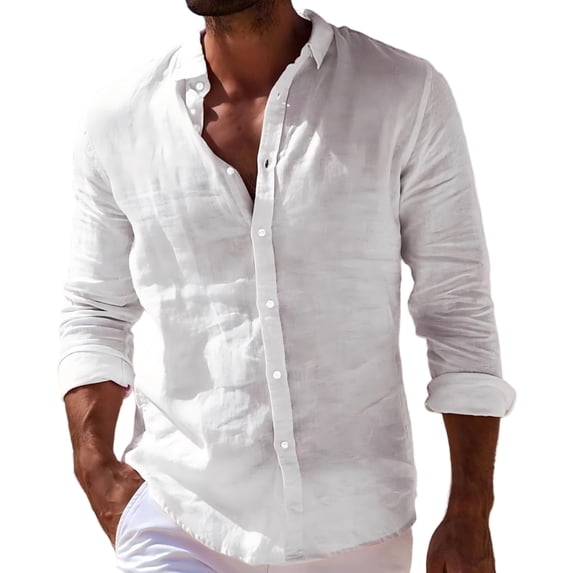 LNZGNM Mens Button Down Long Sleeve Shirt Summer Beach Collared Shirt Fashion Cotton Linen Solid Shirts Lightweight Vacation Top,White L