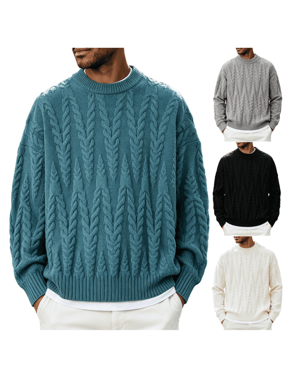 Mens Cable Knit Sweater Trendy Regular Fit Long Leeve Crewneck Pullover Twist Textured Fisherman Tops Fall Winter Wear,Blue (XL)