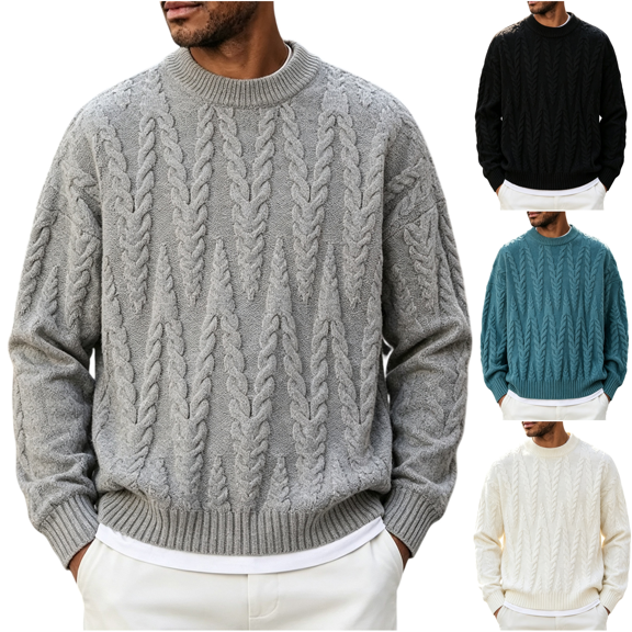 LNZGNM Mens Cable Knit Sweater Trendy Regular Fit Long Leeve Crewneck Pullover Twist Textured Fisherman Tops Fall Winter Wear,Gray (XL)