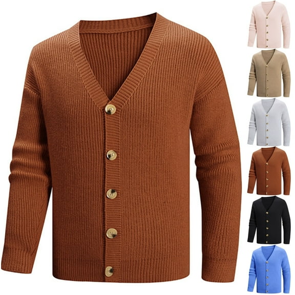 LNZGNM Mens Cardigan Sweaters Button Up Knitted Sweater Long Sleeve V Neck Vintage Sweater Loose Fit Casual Mens Cardigan Fall Winter Jacket, Coffee L