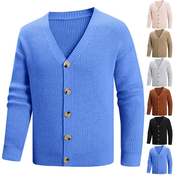 LNZGNM Mens Cardigan Sweaters Long Sleeve Button Up Fleece Sweater V Neck Knitted Sweater Loose Fit Casual Fall Winter Outwear Cardigan Men, Blue L