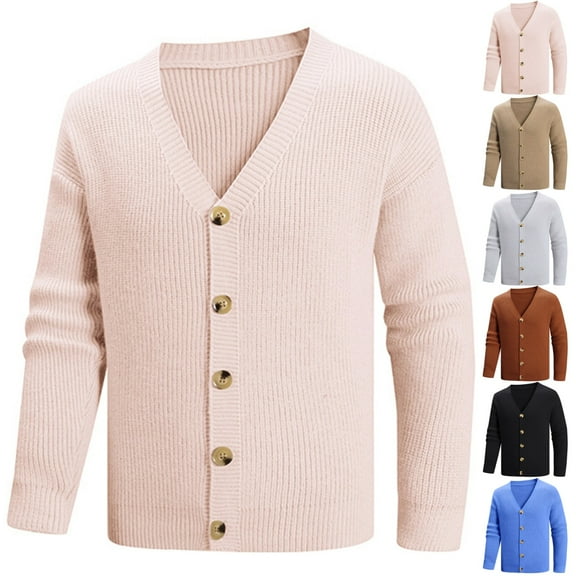 LNZGNM Mens Cardigan Sweaters Long Sleeve V Neck Knitted Sweater Button Up Mens Sweater Loose Fit Casual Fall Winter Jacket Cardigan Men, Pink L