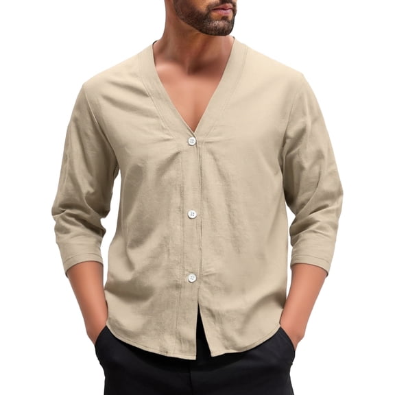 LNZGNM Mens Cardigans Button V-Neck Shirts Lightweight Solid Color Loose Sleeve Pullover Casual Daily Wear Top,Khaki M