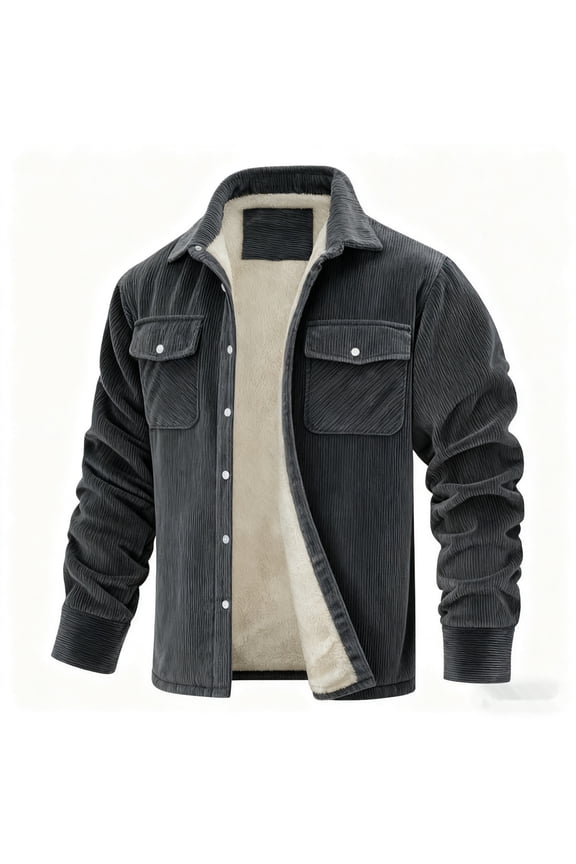 Mens Corduroy Jacket Big and Tall Sherpa Lined Flannel Jackets Heavyweight Thermal Lapel Collar Shirt Jackets Single-Breasted Winter Jacket with Pockets, Dark Gray XL
