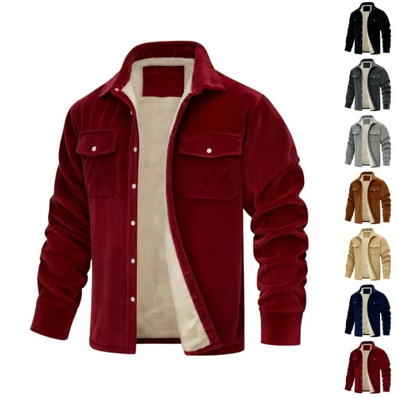 LNZGNM Mens Corduroy Jacket Big and Tall Sherpa Lined Warm Flannel Shirt Jackets Single-Breasted Thick Lapel Collar Jackets Coat Winter Outwear with Pockets, Wine XL