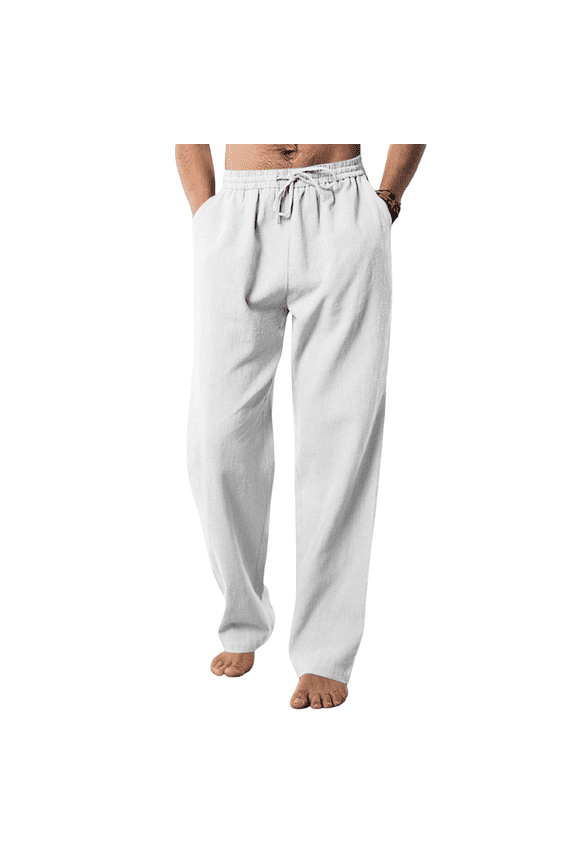Mens Cotton Linen Pants Loose Straight Pants Elastic Waist Drawstring Pants Stylish Gym Trousers with Pockets,White M