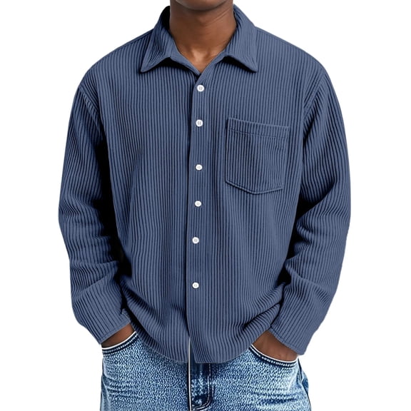LNZGNM Mens Dress Shirt Corduroy Button Down Collar Shirts with Pocket Solid Long Sleeve Blouses Regular Fit Casual Spring Tops,Dark Blue XL