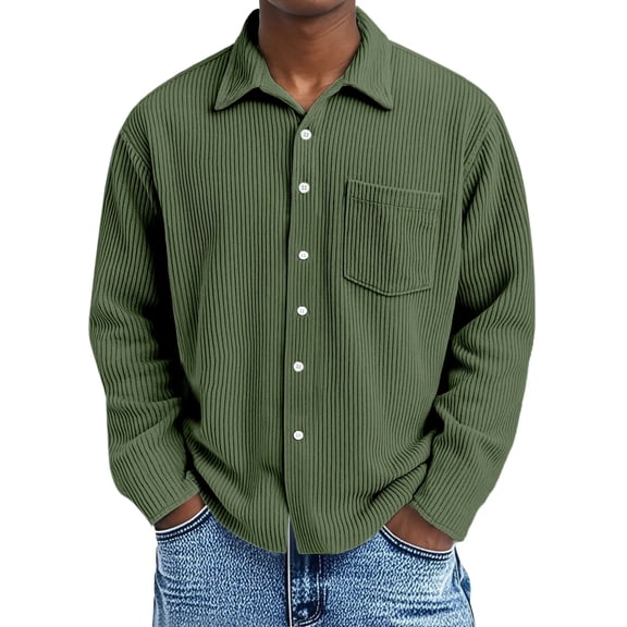 LNZGNM Mens Dress Shirts Corduroy Button Down Collar Shirt with Pocket Solid Long Sleeve Blouses Regular Fit Casual Fall Top,Army Green 2XL