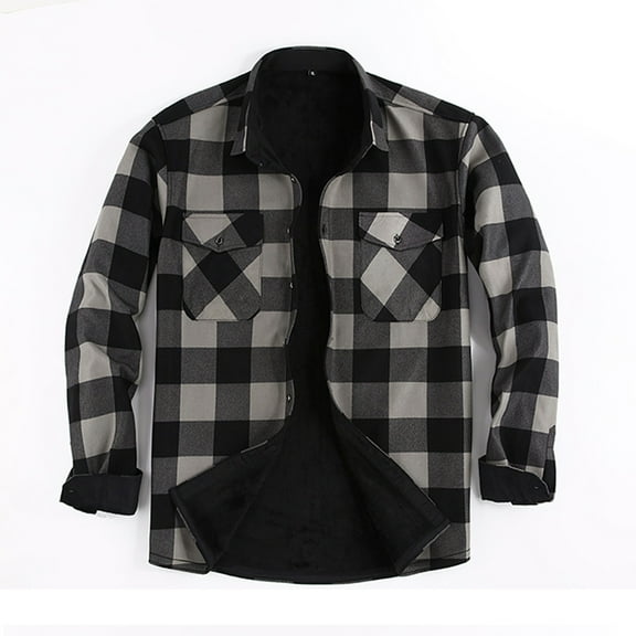 LNZGNM Mens Flannel Jacket Sherpa Lined Plaid Jackets Coat Thick Thermal Plaid Shirt Jackets Button Up Winter Coats with Pocket, Gray XL