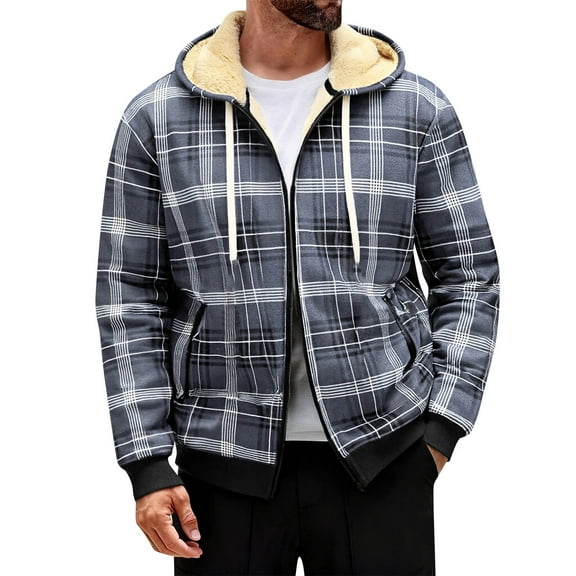LNZGNM Mens Flannel Plaid Jacket Fleece Lined Sherpa Lined Plaid Shirt Full Zip with Hood Jackets with Pokect Casual Winter Warm Coats,Gray 2XL