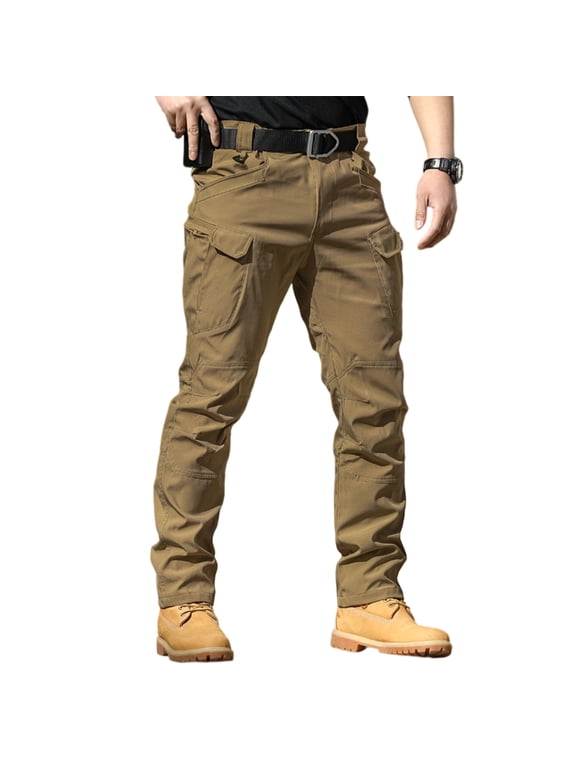 Mens Fleece Lined Cargo Pants Ripstop Waterproof Tactical Pants Breathable Lightweight Work Pants with Multi Pockets Casual Fishing Trousers,Brown M