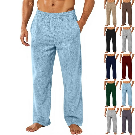 LNZGNM Mens Fleece Pajama Pants Warm Winter Flannel Pants for Men Soft Sleep Pants Loose Mid-Weight Pajamas Casual Mens Pajama Pants with Pockets, Light Blue 3XL