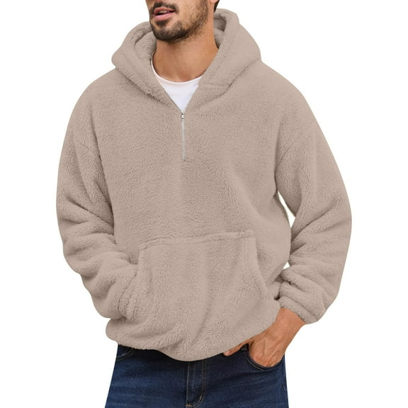 LNZGNM Mens Fuzzy Fleece Pullover Hoodies Flannel 1/4 Zipper Long Sleeve Jacket Big and Tall Warm Sweatshirt with Pockets Fashion Winter Outwear,Khaki XL