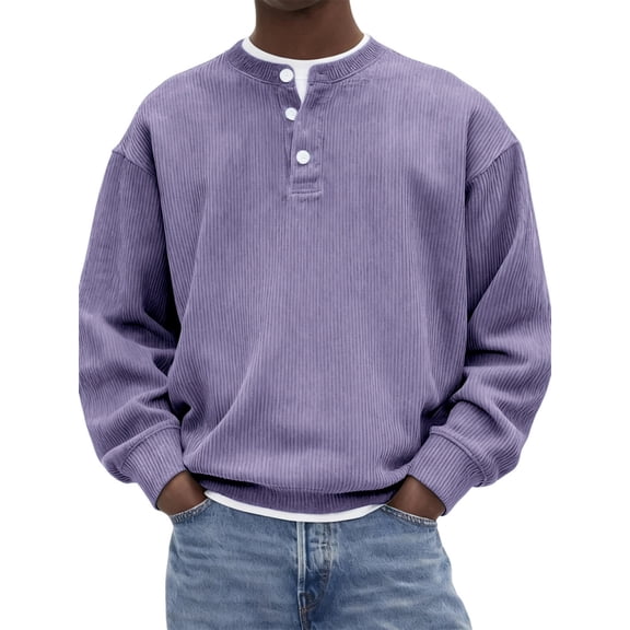 LNZGNM Mens Henley Sweater Corduroy Ribbed 1/4 Button Pullover Lightweight Solid Color Long Sleeve Sweater Fashion Fall Loose Top,Purple M