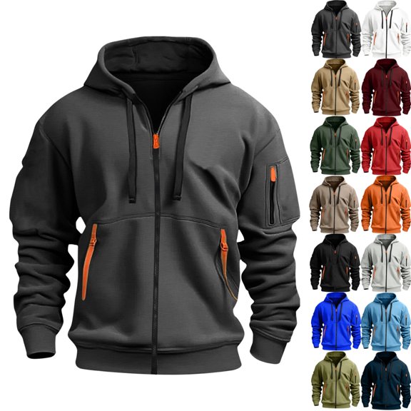 LNZGNM Mens Hoodies Zip Up Cargo Tactical Jacket Big and Tall Winter Jacket Casual Lightweight Hooded Sweatshirt Men Athletic Workout Sweatshirt with Pockets, Dark Gray 2XL