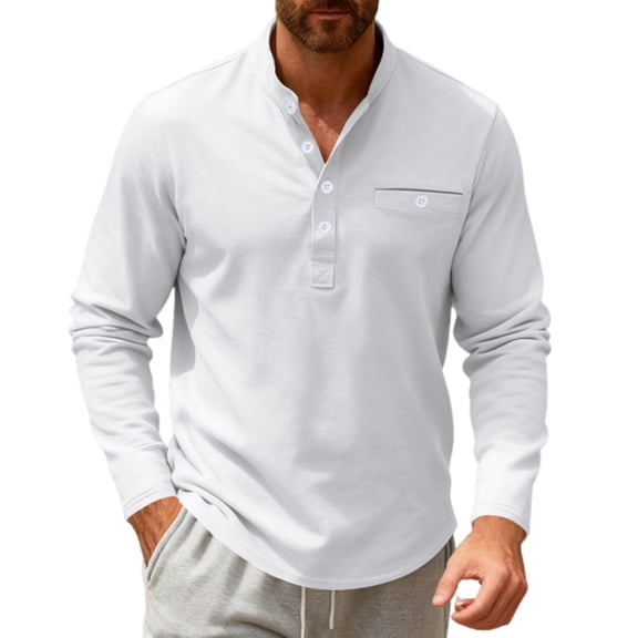 LNZGNM Mens Long Sleeve Henley Shirts Band Collar Button Basic T-Shirt Lightweight Slim Fit Solid Color Pullovers with Pocket Stylish Daily Wear Tees,White XL
