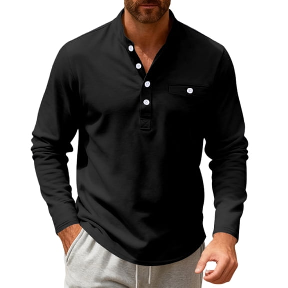 LNZGNM Mens Long Sleeve Henley Shirts Band Collar Button Up Basic T-Shirts with Pocket Lightweight Solid Pullovers Fashion Slim Fit Daily Wear Tees,Black 3XL