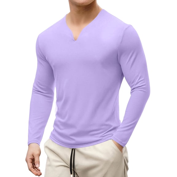 LNZGNM Mens Long Sleeve Muscle T Shirts Longline Stretch V-Neck Shirts Lightweight Slim Fit Solid Tee Shirts Casual Workout Top,Light pink 2XL