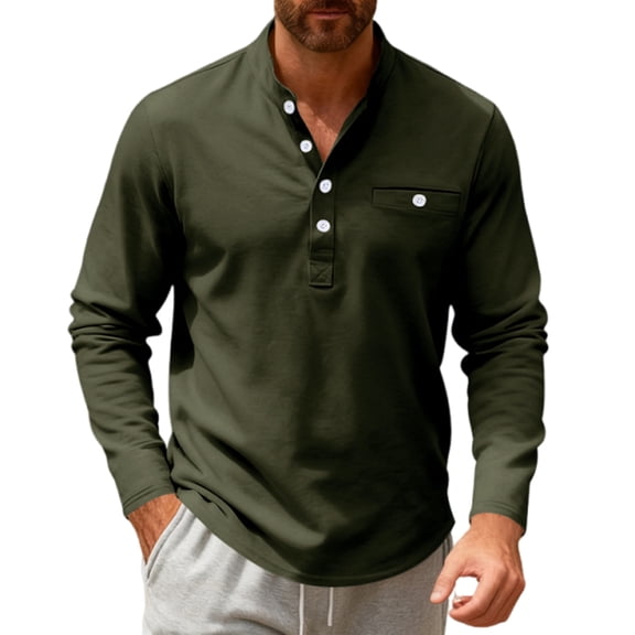 LNZGNM Mens Long Sleeve Polo Shirts Band Collar Button Basic T-Shirt with Pocket Lightweight Solid Pullover Stylish Slim Fit Outdoor Tops,Army Green 2XL
