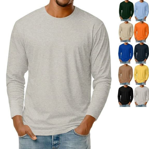 LNZGNM Mens Long Sleeve Shirt Casual Big and Tall Crew Neck Shirts Basic Cotton Blend T-Shirt Lightweight Loose Fit Pullover Tee, Light Gray L