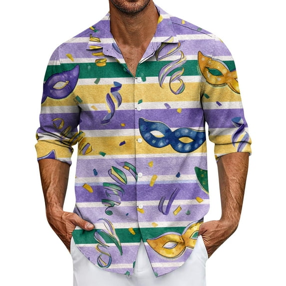 LNZGNM Mens Mardi Gras Carnival Shirt Lapel Mask Printed Button Up Shirts Big and Tall Long Sleeve T-Shirts Casual Carnival Tops,Light Purple 2XL