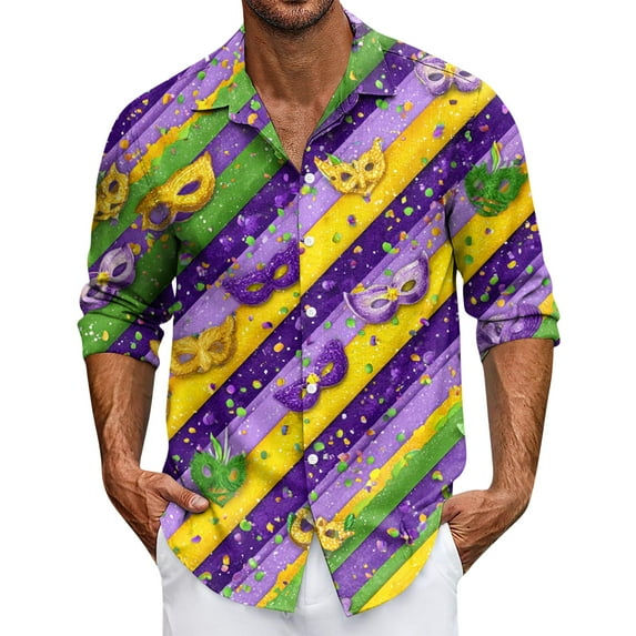 LNZGNM Mens Mardi Gras Shirt Lapel Mask Printed Button Up Shirts Big and Tall Long Sleeve T-Shirts Fashion Mardi Gras Outfits,Green 4XL