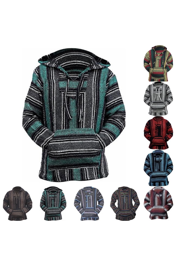 Mens Mexican Baja Hoodie Long Sleeve Classic Mexican Baja Hoodie Pullover Drawstring Fashion Hooded Jerga Pullover Camo Hoodie with Pocket, Green M