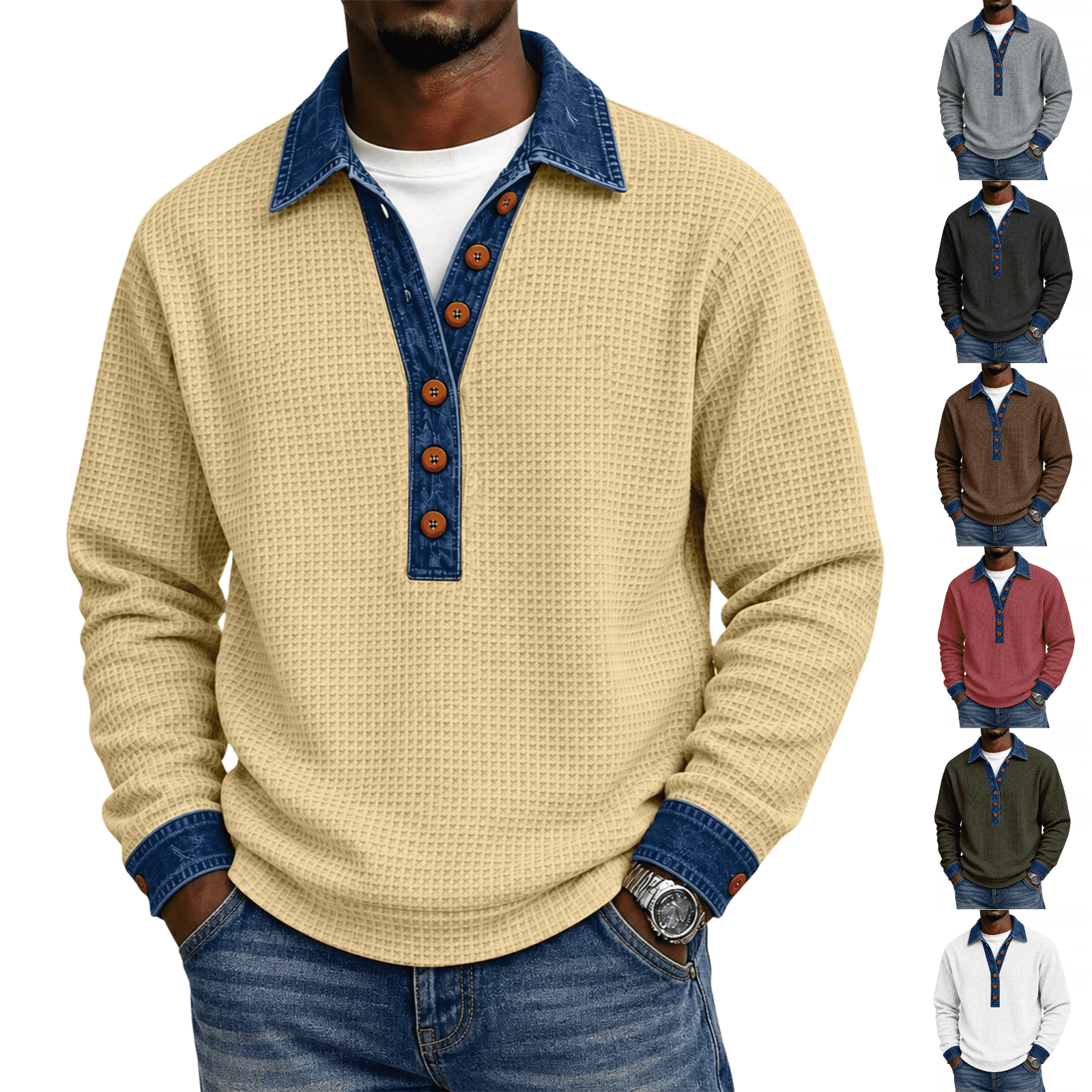 LNZGNM Mens Polo Shirts Long Sleeve Ribbed Cuffs Button Placket Striped ...