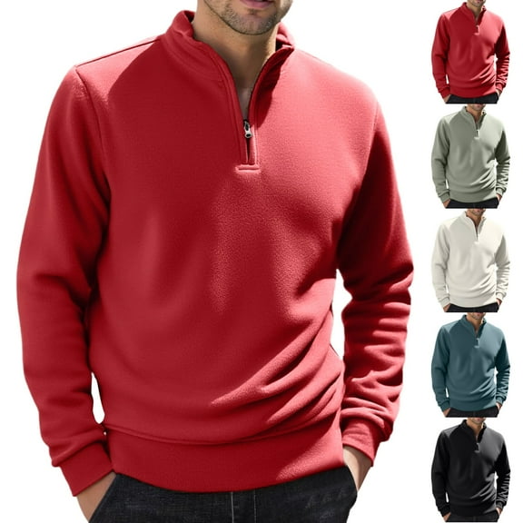 LNZGNM Mens Quarter Zip Pullover Mock Neck Long Sleeve 1/4 Zip Pullover Mens Casual Red Zip Up Hoodie Midweight Winter Fleece Mens Zip Up Hoodie, Red XL