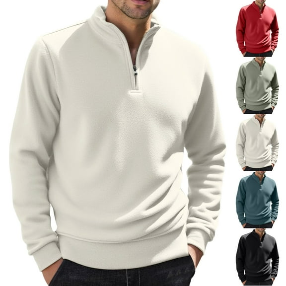 LNZGNM Mens Quarter Zip Pullover Mock Neck Long Sleeve 1/4 Zip Pullover Mens Casual White Sweatshirt Midweight Fall Fleece Mens Sweatshirts, White XL