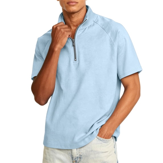 LNZGNM Mens Quarter Zip Sweatshirts Big and Tall Pullover Stand Collar Short Sleeve 1/4 Zipper Pullover Sweatshirt Casual Daily Wear Pullover Tops,Light Blue 3XL