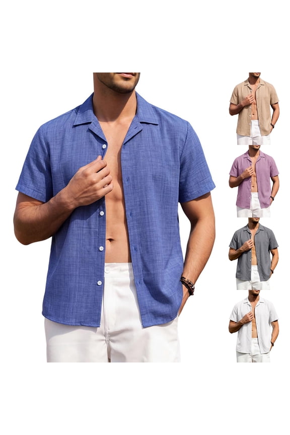 Mens Short Sleeve Button Down Shirts Camp Collar Textured Men Shirt Full Button Front Solid Tone Casual Summer Vacation Button Down Top,Gray(XXL)