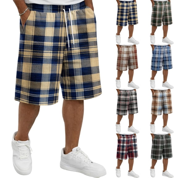 LNZGNM Mens Shorts Casual Hawaiian Shorts Summer Plaid Bermuda Short Pants Stretch Waist Classic Vintage Plaid Beach Shorts,Red(Red)