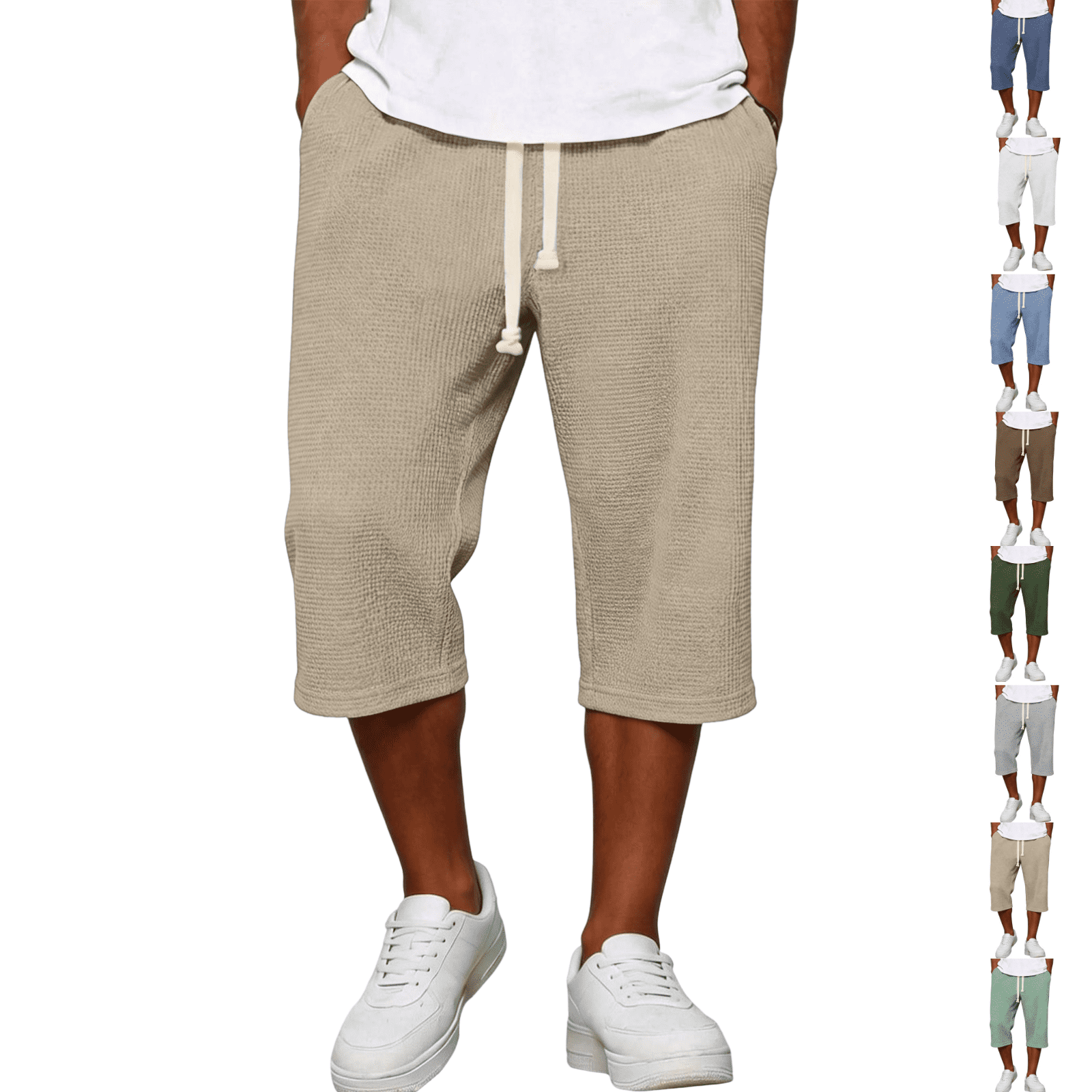 Roll Length LNZGNM Mens Shorts Casual Rolled Hem Capri Length Waffle Texture Comfy ...