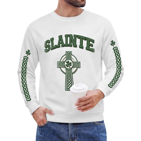 LNZGNM Mens St Patricks Day Shirt Slainte Irish Celtic Cross Plus Size Long Sleeve Shirts Waffle Crew Neck Slim Shirts Stylish St Patricks Day Top,White 4XL
