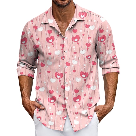 LNZGNM Mens Valentine Shirts Lapel Heart Print Button Down Shirts Casual Long Sleeve T-Shirt Vacation Plus Size Tops,Pink L