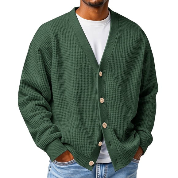 LNZGNM Mens Waffle Cardigan Sweater V-Neck Big and Tall Sweaters Button Down Lightweight Long Sleeve Cardigans Loose Fit Casual Daily Wear Top,Dark Green 2XL