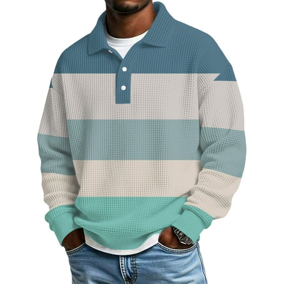 LNZGNM Mens Waffle Long Sleeve Polo Shirt Big and Tall Color Block Golf Shirts Button Down Lightweight Lapel Shirts Fashion Loose Fit Spring Tees,Light Blue 2XL