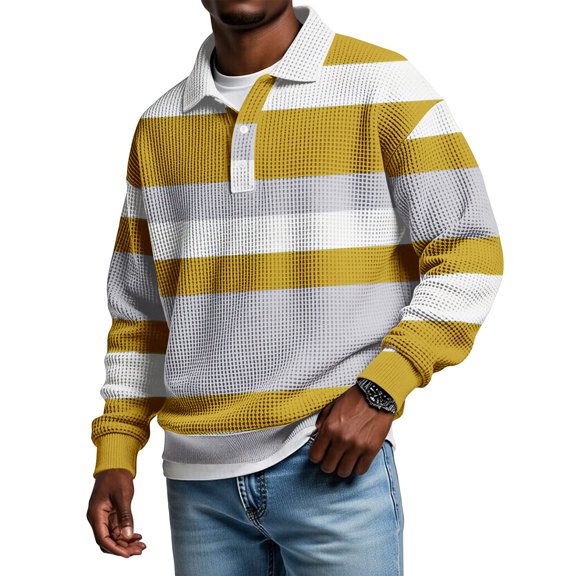 LNZGNM Mens Waffle Long Sleeve Polo Shirt Plus Size Color Block Golf Shirts Quarter Button Lightweight Lapel Shirt Fashion Loose Fall Tees,Yellow 3XL