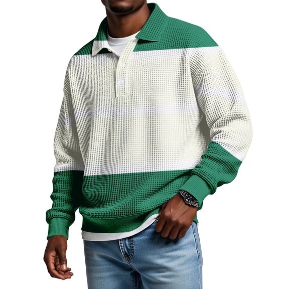 LNZGNM Mens Waffle Long Sleeve Shirt Big and Tall Color Block Golf Shirts Quarter Button Lightweight Lapel Shirt Stylish Loose Fit Workout Tops,Green 3XL