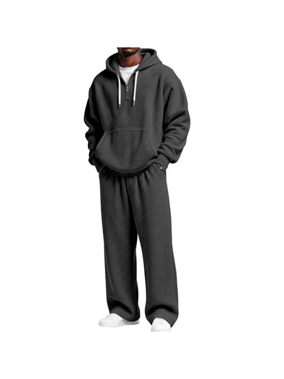 Mens Waffle Sweatsuit 2 Piece Set 1/4 Zip Big and Tall Long Sleeve Pullover Hoodies with Pockets Wide Leg Pant Sets Casual Jogging Outfits,Black L